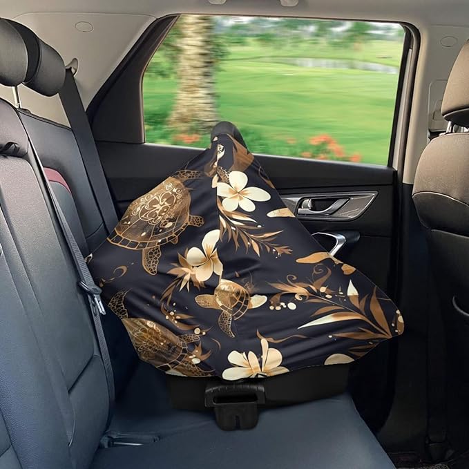 Binienty Turtle Animal Print Baby Car Seat Cover for Boys Girls, Plumeria Floral Breastfeeding Scarf Nursing Cover for Women Mom, Ideal Gifts