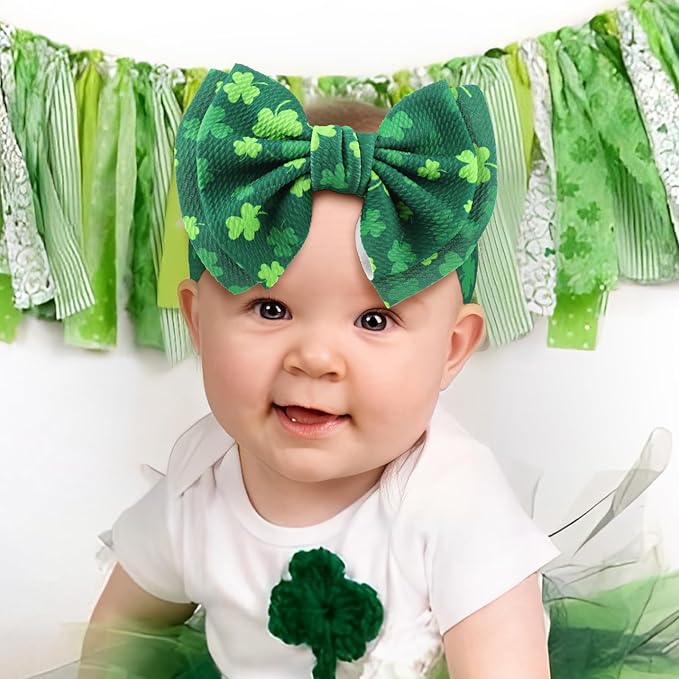 YanJie 7" St.Patrick's Day Large Bow for Baby Girl Headband Newborn Infant Kids Shamrock Double Layer Messy Bow Headwrap