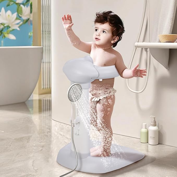 Adjustable Baby Shower Stand with Anti-Slip Base,Bath Shower Standing Support Stand,Portable Bath Helper Bath Support for Infants Portable Bath Helper for Baby 8-24 Months (Grey)
