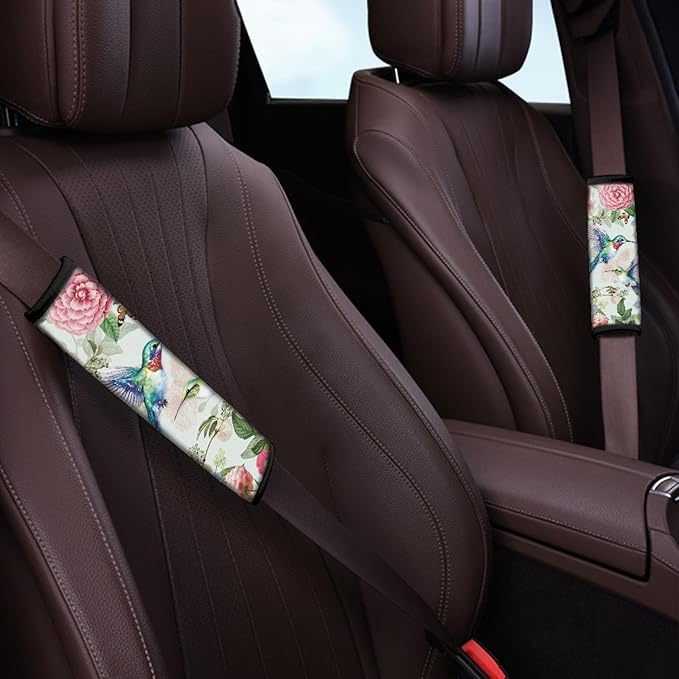 UNICEU Spring Flower Hummingbird Car Seat Belt Pads Cover, Neoprene Soft Car Seatbelt Shoulder Strap Covers Harness Pad for Car/Bag, 2 Packs
