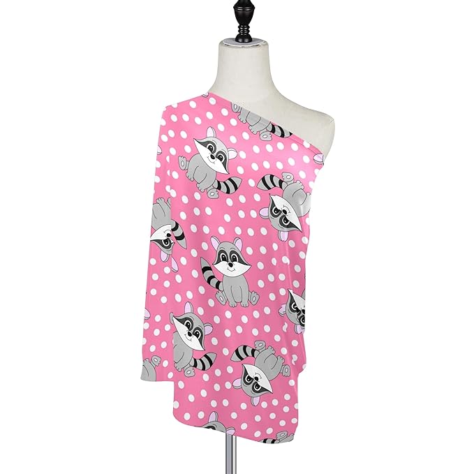 Cartoon Cute Raccoon Pink Polka Dot Pattern Stretchy Baby Car Seat Cover Infant Canopy Nursing Covers Breastfeeding Cover Breathable Windproof Winter Scarf for Boys Girls