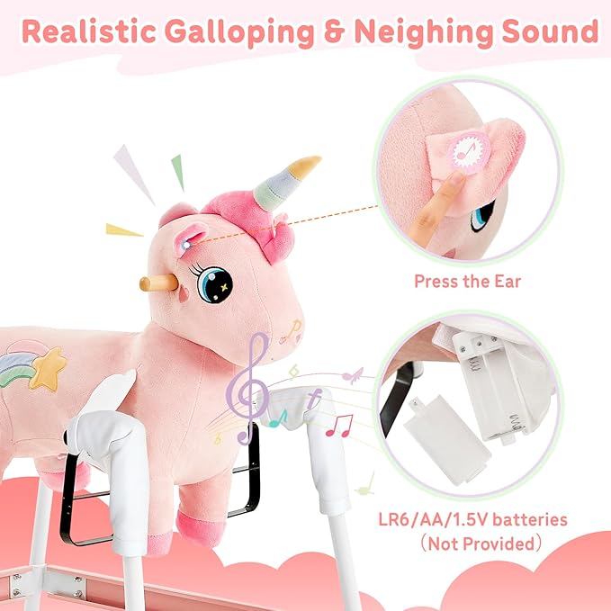 FUNLIO Unicorn Spring Rocking Horse for Kids 3-6, Rainbow Fairy Ride on Horse with Covered Spring & Sturdy Frame, Neighing & Galloping Sound for Pretend Play, Horse Toys Gift, CPC & CE Certified-Pink