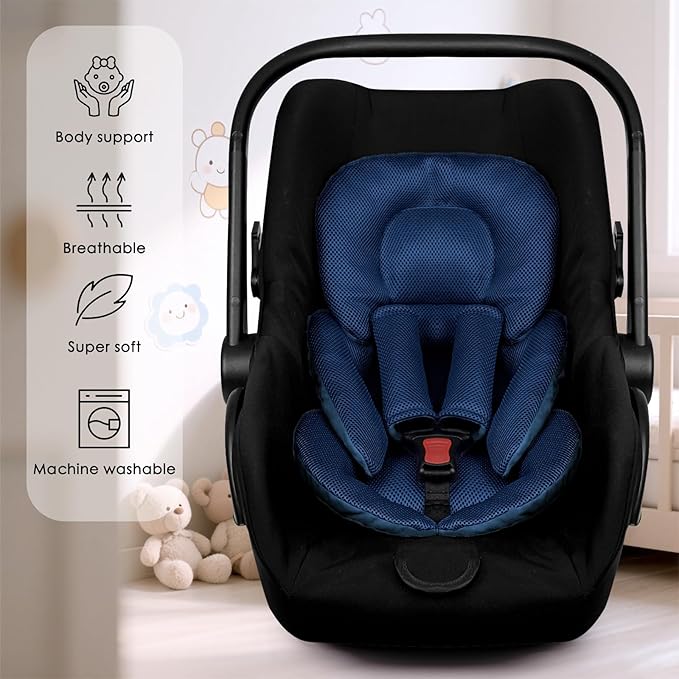 Infant Car Seat Insert for Newborn Girls Boys, Summer Mesh Baby Carseat Inserts with Strap Pads, Soft Reversible Baby Car Seat Insert Cushion Pad for Stroller, Bouncer, Swing, High Chair, Blue