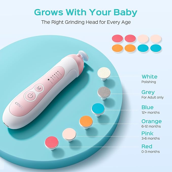 COSLUS C52 Rechargeable Baby Nail File: Cordless Baby Nail Trimmer Electric with 5 Speeds & 6 Grinding Heads for Baby Kid, CPC Certified and Quiet Design - Safe for Sleep Trim Buffer, Pink