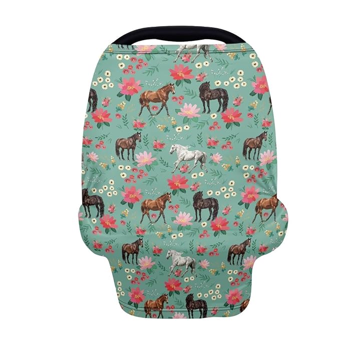GIFTPUZZ Flower Horse Stretchy Car Seat Cover for Baby Girls, Nursing Cover Breastfeeding Cover, Soft Breathable Infant Carseat Canopy, Shopping Cart/High Chair/Stroller Covers for Mom