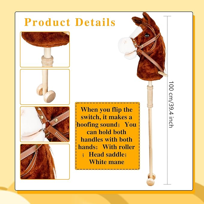 37 Inch Plush Stick Horse Handsewn Head Hobby Horse on a Stick Horses Ride on a Stick Toy with Wooden Wheels and Real Pony Clip-Clop Sounds for Pretend Play Kids Gift (Color Set 3)