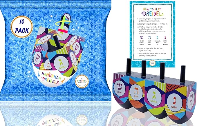 The Dreidel Company Extra Large Hand Painted Wood Hanukkah Dreidels, 10-Pack Retro Dreidel Design