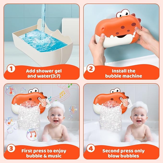 Baby Bath Toys, Rechargeable Dinosaur Bath Bubble Machine with Music, Bathtime Bathtub Toys for Toddlers Birthday Easter Gifts, Bubble Maker Toys for Kids Ages 1-3 4-8 Baby Gifts (Red)