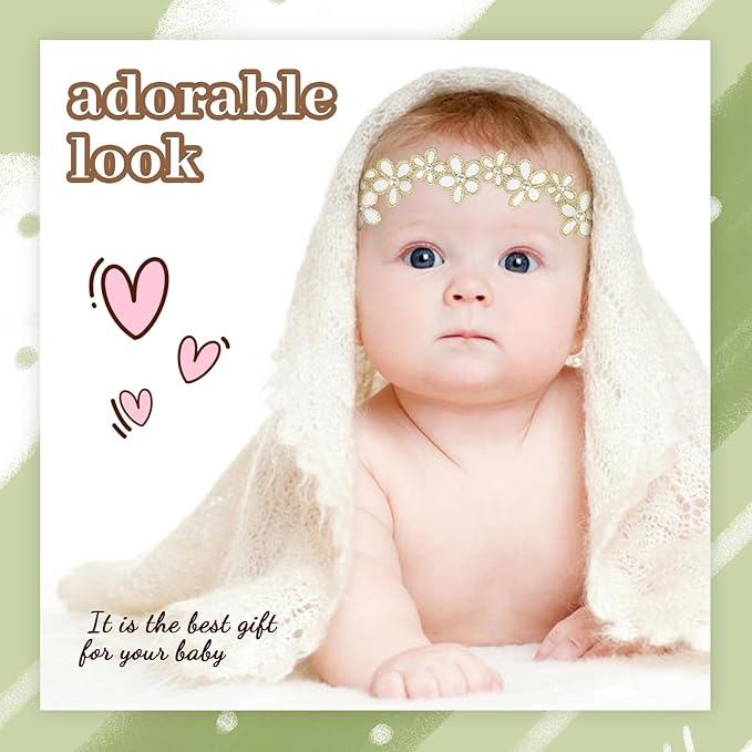 Cinaci 8 Pack Gold Delicate Flower Butterfly Leaf Stretchy Lace Headbands Baby Baptism Shower Christening Photo Props Hair Accessories for Baby Girls Infants Toddlers Kids (Gold-8 Pack)