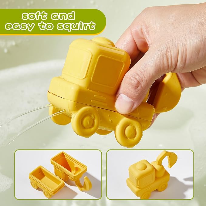 Mold Free Bath Toys 4 Pack Silicone Car Bath Toys - Truck & Construction Toys | Detachable, Squeezable & Floating Toddler Bath Toy | Bathtub Water Pool Toys for Toddler Gifts