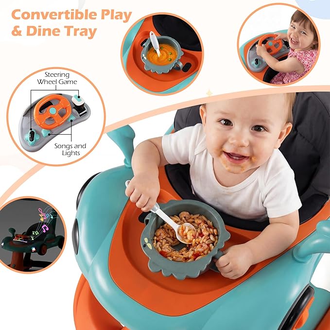 INFANS 6-in-1 Foldable Baby Walker, Converts Push Car to Bouncer, Rocker with Music, Lights, Adjustable Height & Speed, Activity Center, Canopy for 7-18 Months (Orange)