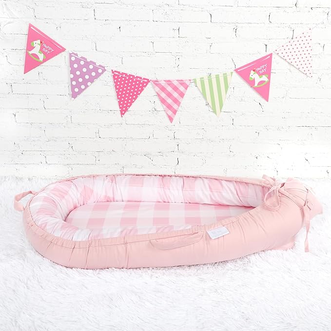 DILIMI Baby Lounger Cover, Cotton Baby Nest Replacement Cover for Girls Boys, Soft Breathable Reversible Newborn Lounger Cover, Pink Checkered (Only Cover)