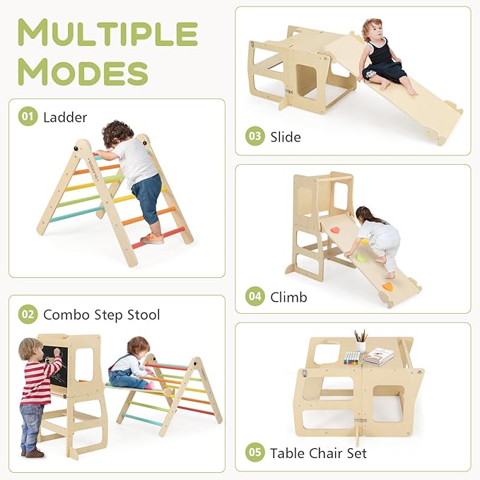 Olakids Pikler Triangle Set 8 in 1 Climbing Toys for Toddlers Foldable Wood Montessori Jungle Gym with Toddler Tower Angle Adjustable Ladder Ramp Slide Indoor Playground Baby Climber
