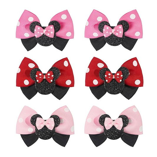 6PCS Mouse Ears Hair Clips for Toddler Girls 3 Inch Hair Bows for Baby Girls Birthday Party Costume
