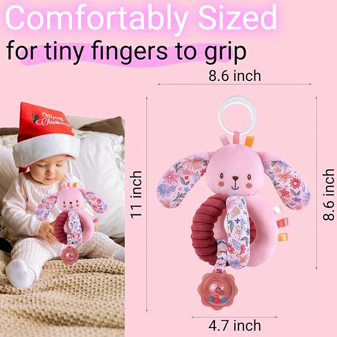 Baby Stroller Hanging Car Seat Toys for Infants 0-6 Months Girl 0-2-3-4-5-7-8-9-10 6-12 Month Old Newborn Gifts, Carseat Pink Plush Bunny Toy for Babies Play Gym Rattle Easter Basket Stuffers