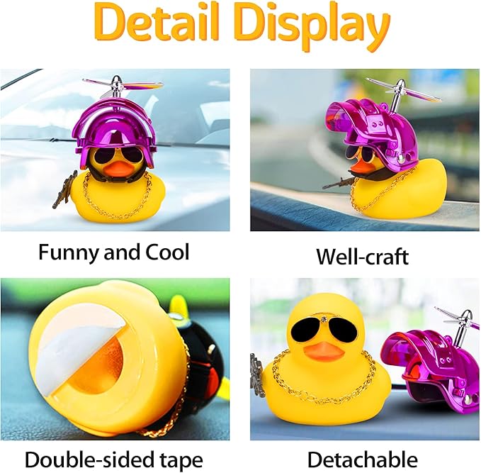 wonuu Rubber Yellow Duck Car Ornaments Cool Duck Car Dashboard Decorations with Propeller Helmet Sunglasses (Colorful Pink-Yellow G)