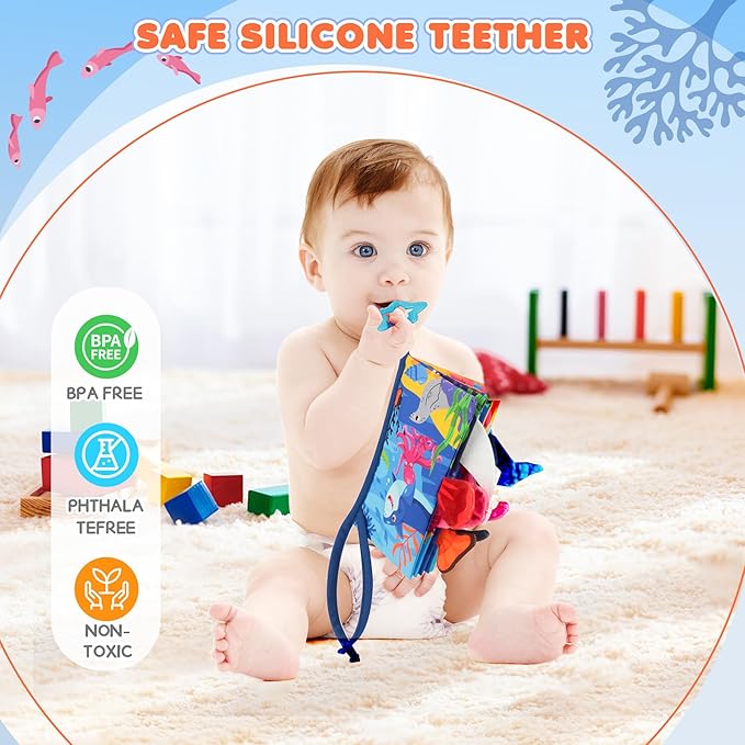 BBWOO Soft Baby Book Toy - Newborn Boy Girl Shower Gift - Tummy Time Toy for Infant 0-6 6-12 Months - Touch and Feel Sensory Crinkle Book with Teether - Baby Boy Girl Gift - Easter Basket Stuffers
