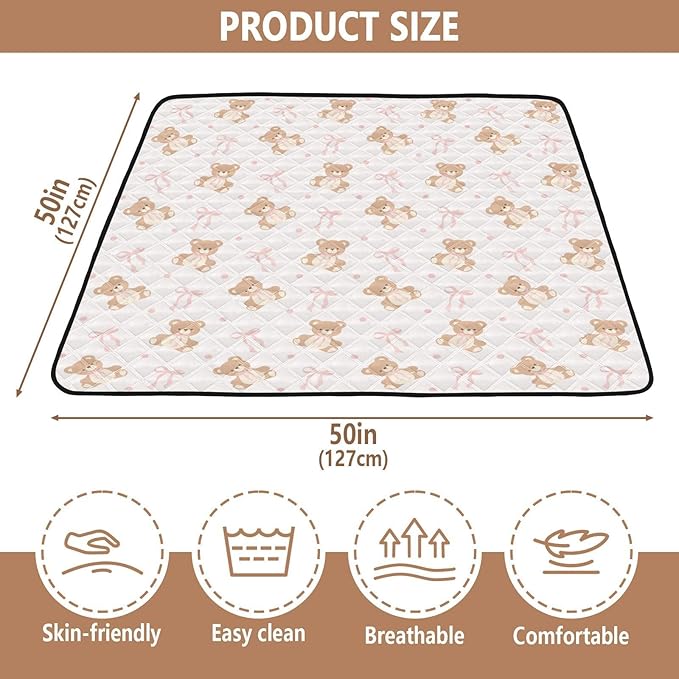 Baby Play Mat Animal Bear Pink Ribbon Bow 50 x 50 Playpen Mat Baby Play Mats for Floor Play Gym Crawling Mat Non-Slip Cushioned Baby Playmat for Infants, Babies, Toddlers