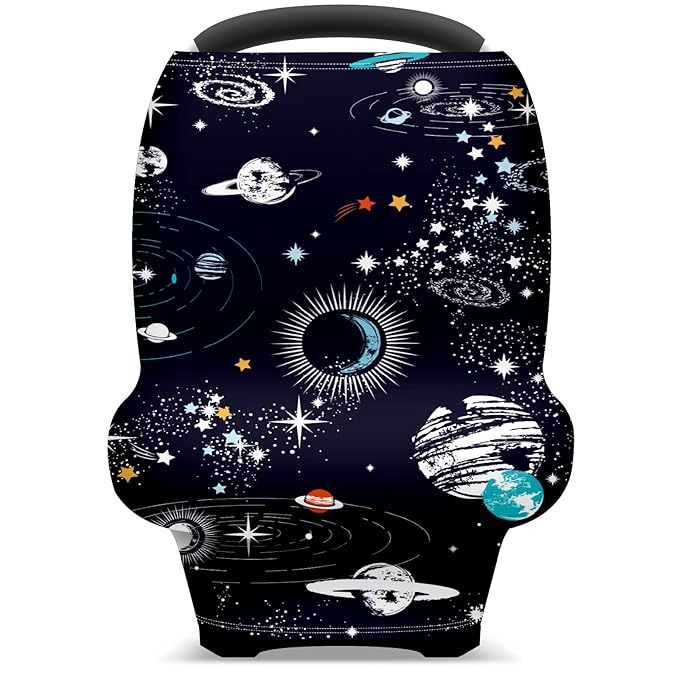 Baby Car Seat Stroller Covers Cartoon Planet Nursing Cover Breastfeeding Scarf Soft Breathable Stretchy Infant Car Canopy Coverage Carseat Cover for Boys and Girls Multi Use