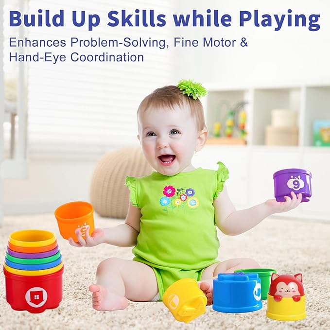 WEEJOYGAM Baby Stacking Cups, Nesting Stacking Toys for Toddlers 1-3 with Light and Sound, Montessori Toys for 1 Year Old Babies 6-12 12-18 Months Easter Gift Color Stack Bath Beach Blocks Rainbow Set