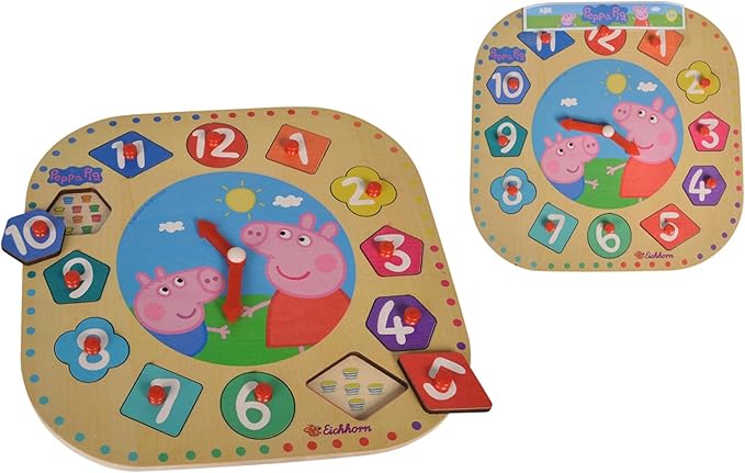 Eichhorn Peppa Pig 109265704 Learning Clock with 12 Plug-in Parts, 13-Piece Set, FSC 100% Certified Linden Plywood, 25 cm, Multi-Coloured