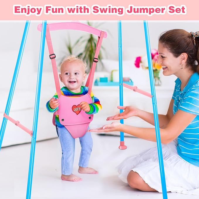 Baby Jumper, Indoor&Outdoor Baby Bouncer, Infant Jumper with Adjustment Strap for Boys Girls, Exercise Saddle Seat for Backyard, Easy to Assemble & Store (Pink)