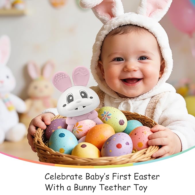 Baby's First Toy with Rattle, Easter Gifts for Babies 3 Months+, Mombella Bunny Baby Teether Toys, Easter Basket Stuffers Baby Teething Toys with Clip to Attach, Baby Chew Toys 6-12 Months, Pink