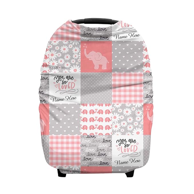Personalized Baby Car Seat Cover for Boys Girls, Custom Nursing Covers for Breastfeeding with Name, Infant Stroller Cover, Baby Carseat Canopy for Newborn, Multiuse Car Seat Canopies, Elephant Pink