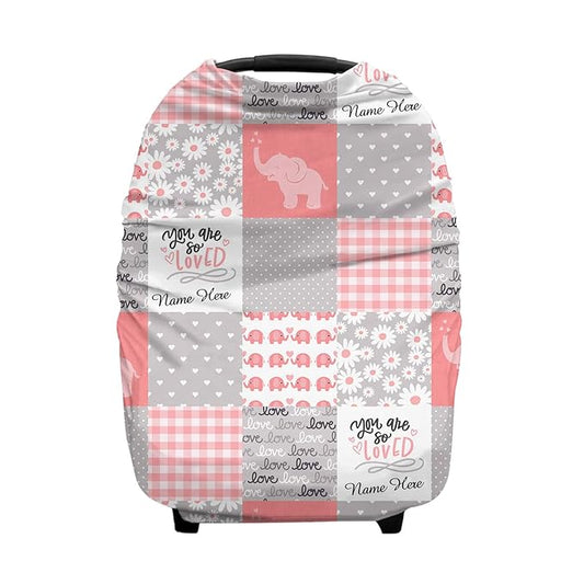 Personalized Baby Car Seat Cover for Boys Girls, Custom Nursing Covers for Breastfeeding with Name, Infant Stroller Cover, Baby Carseat Canopy for Newborn, Multiuse Car Seat Canopies, Elephant Pink
