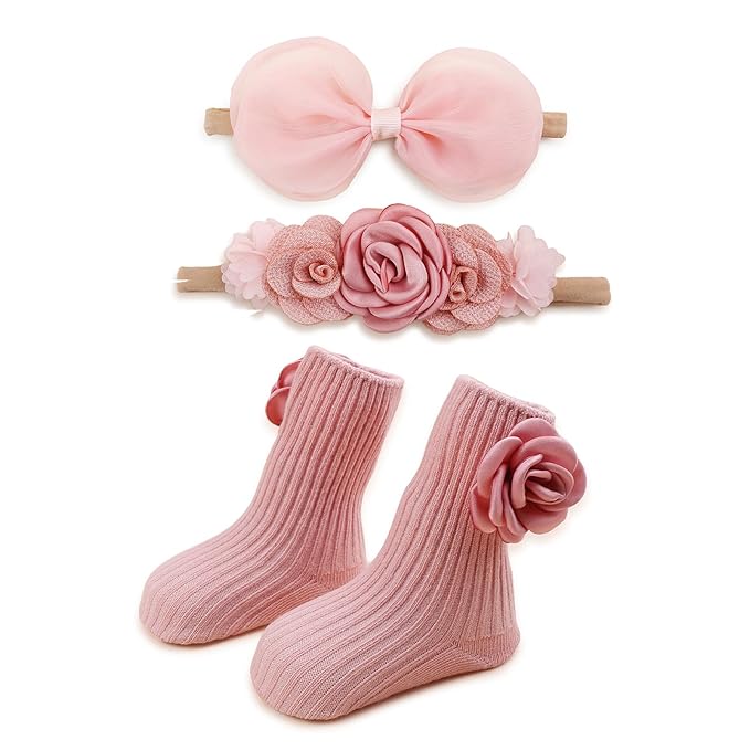 cherrboll Baby Girl Headbands and Socks Set, 3Pcs Soft Floral Hairbands Hair Bows Knit Socks for Newborn Infants Toddlers Photography Props Gifts
