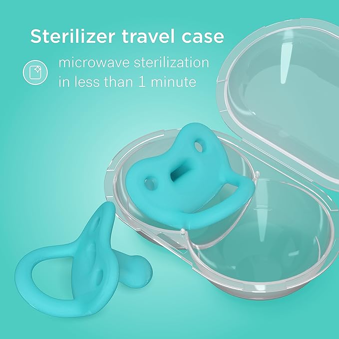 Smilo Newborn Baby Pacifier with Sterilization Box - 2 Pack of Orthodontic Pacifiers for Babies from 0-2 Months - Expands to Support The Palate During Soothing - BPA-Free - Aqua