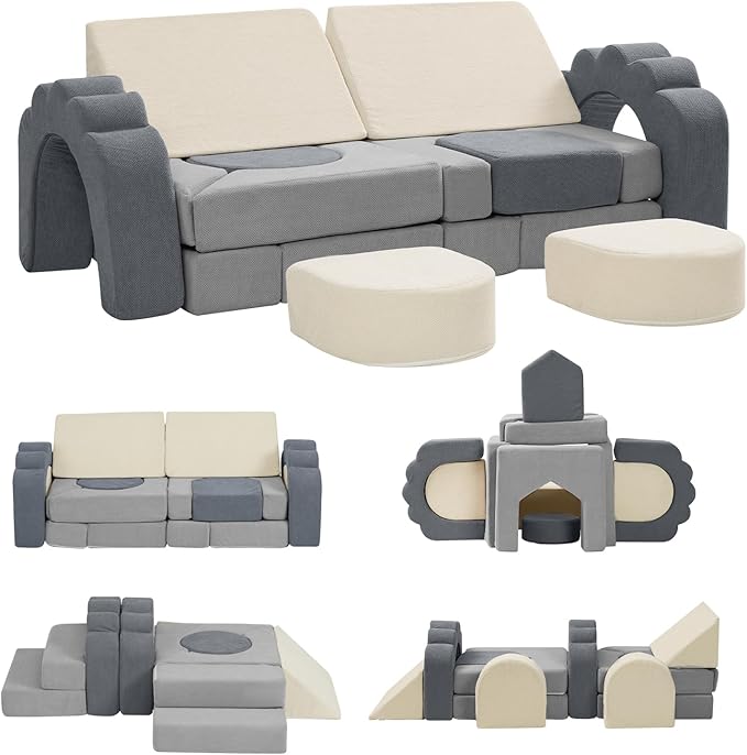 13 Pieces Foam Climbing Blocks for Toddlers 1-3|Kids Floral Soft Play Climbing for Indoor,Infant Modular Crawing Toys with Washable Cover for Playroom,Bedroom,Nursery and Preschool,Gray & Beige