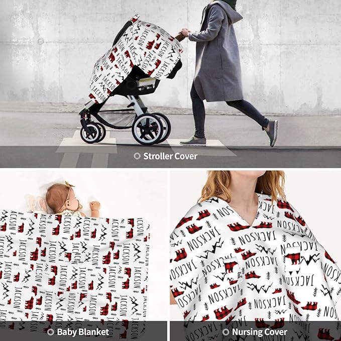 Personalized Plaid Design Bear Baby Car Seat Canopy for Babies with Name, Custom Multi-use Blankets for Baby Boys Girls, Peekaboo Minky Nursing Breastfeeding Stroller Cover Canopies for Newborn