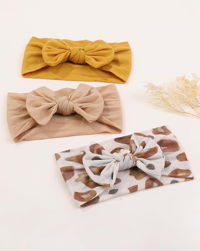 jollybows 3PCS Baby Nylon Headbands Hairbands Hair Bow Elastics for Baby Girls Newborn Infant Toddlers Kids (6-Khaki+Mustard+Leopard, 1 Count (Pack of 3))