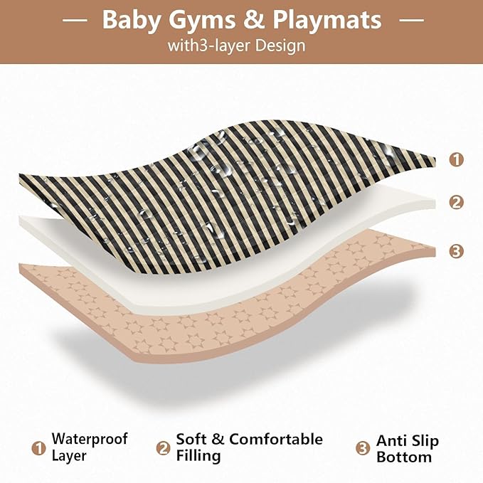 Stripes Khaki Black Baby Play Mat for Floor 50" X 50" Foldable Waterproof Non-Slip Playmat for Baby Playpen Quilted Crawling Mats Game Rug