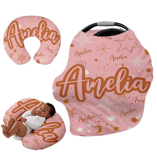 Personalised Car Seat Cover for Babies - Multi-use Pink Carseat Canopy Cover with Name, Car Seat Covers, Christmas Birthday Gifts for Infant Boys and Girls
