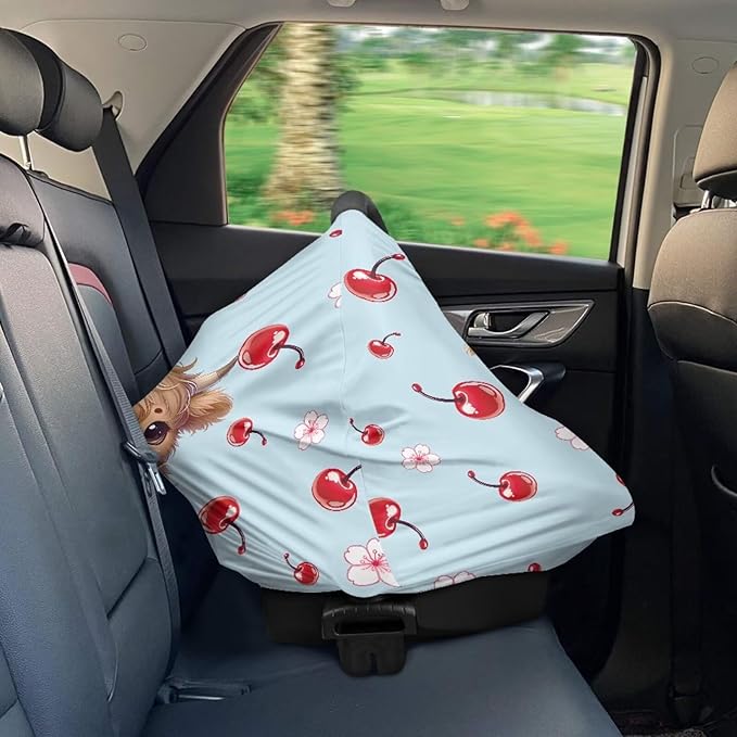 Wanyint Highland Cow Cherry Stretchy Baby Car Seat Cover Carseat Canopy for Babies Universal Baby Breastfeeding Stroller High Chair Shopping Cart Cover
