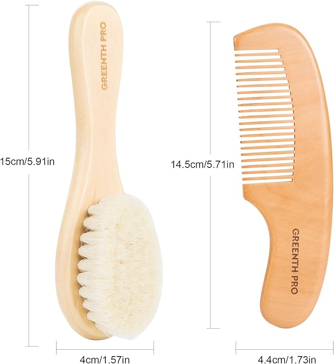 GREENTH PRO Baby Hair Bush and Comb Set -Nature Lotus Wood with Soft Goat Bristle and Pear Wood Comb for Newborns & Toddlers, Ideal for Cradle Cap