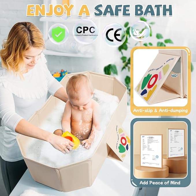 Orzbow Collapsible Baby Bathtub, Toddler Bathtub with Non-Slip Base, Portable Bath Tub for Kids Infant 12 Months+ Travel, Easy to Clean, Stable & Durable, Space-Saving, White