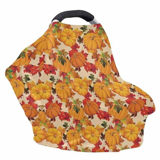 Coldinair Brown Pumpkin Print Nursing Cover for Breastfeeding Fall Thanksgiving Day Maple Leaf Multipurpose Carseat Canopy Covers Breathable Mother Breastfeeding Cover