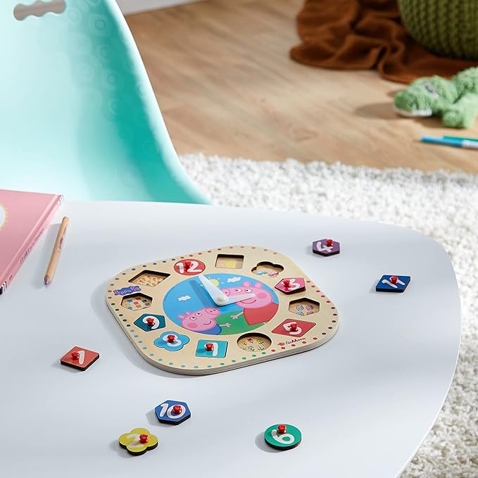 Eichhorn Peppa Pig 109265704 Learning Clock with 12 Plug-in Parts, 13-Piece Set, FSC 100% Certified Linden Plywood, 25 cm, Multi-Coloured