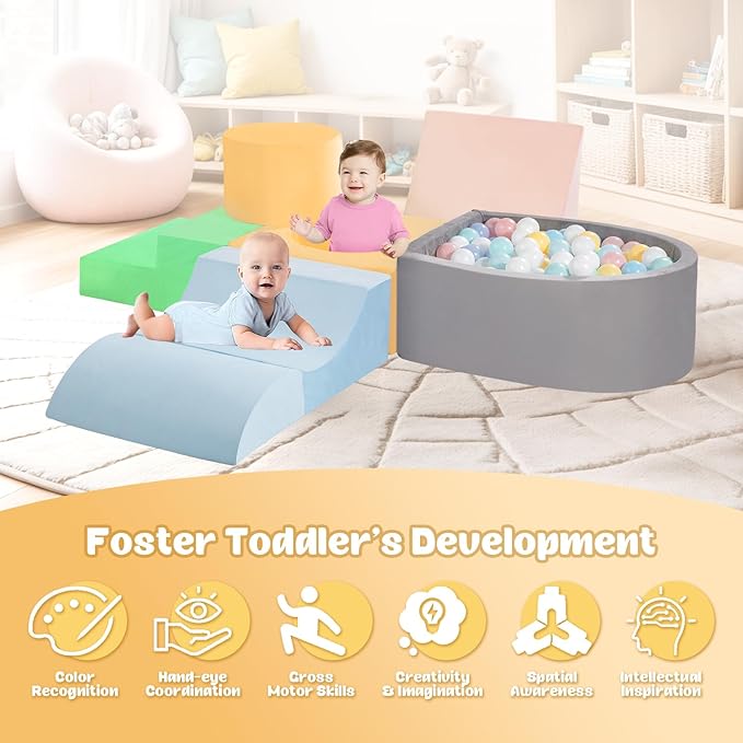 MIND&ACTION Toddler Climbing Toys Indoor, Baby Foam Climbing Blocks with Ball Pit for 1-3 Years Old, 6-Piece Soft Play Set Climbing Blocks, Climb Crawl Activity, Birthday (Balls not Included)