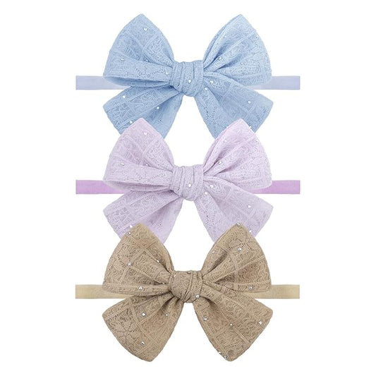 YanJie 3PCS 4’’ Lace Hair Bow for Girls Soft Nylon Baby Headbands Rhinestone Blue Purple Brown Bows Hair Accessories for Newborn Infant Toddler Girl