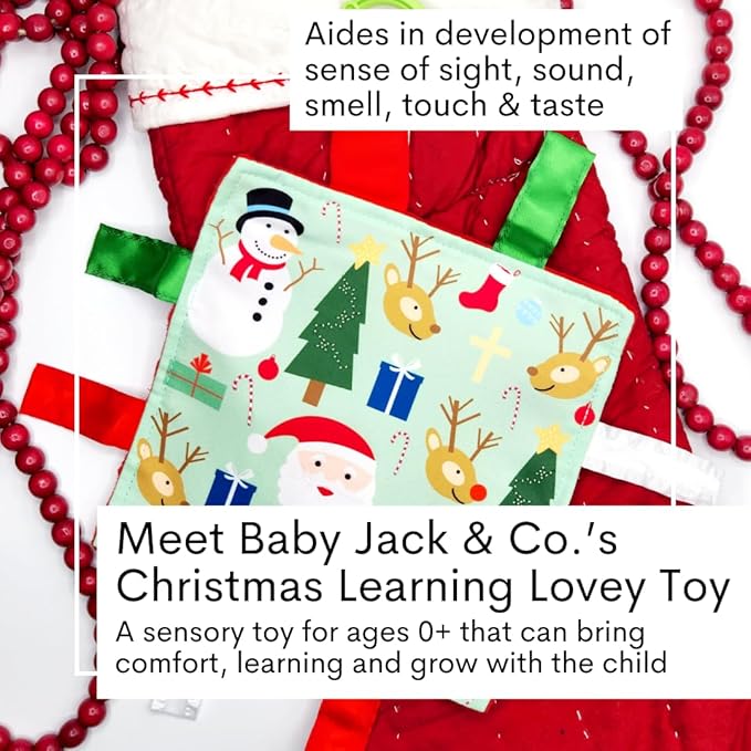 Baby Jack & Co 8x8” Baby's First Christmas, Stocking Stuffer, Santa Gift, Rudolph Red Nose Lovey Tag Toy - Crinkle Toy for Developing 5 Senses - Soother - Travel Gift - BPA Free w/Stroller Clip