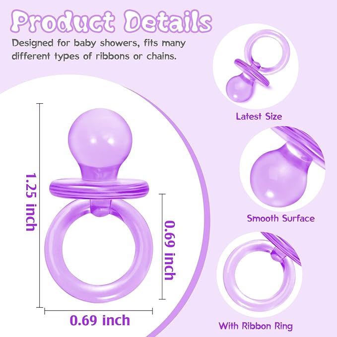 50 Pcs Mini Pacifiers Baby Shower Games Girl, 1.25 Inch Cute Baby Shower Pacifiers, Bulk Acrylic Pacifier for Party Table Scatter, Pacifier Hunt Game, Gender Reveal Decoration Party Favors(Purple)