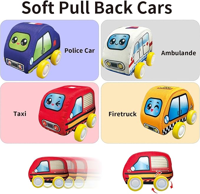 Soft Cars Toys with Voiced Playmat for One Year Old Toddler, Birthday Gifts for Infant 1 to 3 Years Boys and Girls, Musical Mat Easy Storage