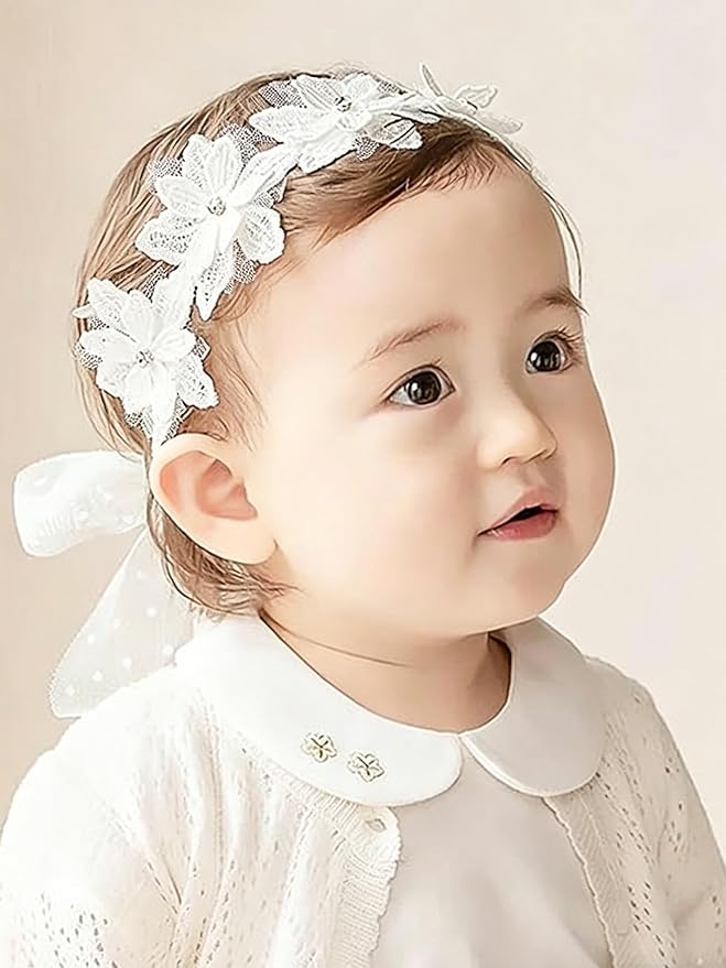 Baby Girls Flower Headbands Cute Kids Christening Headband Soft Lace Hairbands Floral Crown Newborn Infant Toddlers Hair Accessories for Birthday Party Photography(White Rhinestones Pearl)