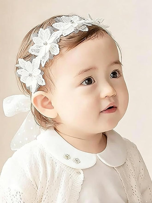 Baby Girls Flower Headbands Cute Kids Christening Headband Soft Lace Hairbands Floral Crown Newborn Infant Toddlers Hair Accessories for Birthday Party Photography(White Rhinestones Pearl)