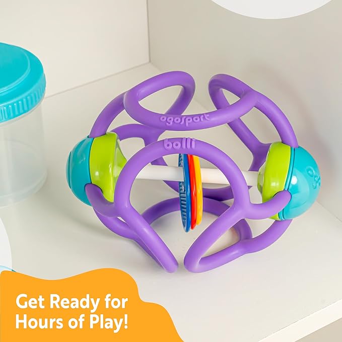 OgoBolli Teether Ring Tactile Sensory Ball and Baby Rattle Toy for Babies & Toddlers - Stretchy, Squishy, Soft, Non-Toxic Silicone - Boys and Girls Age 6+ Months - Purple