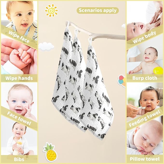 vvfelixl Border Collies Poses Baby Burp Cloths Baby Muslin Washcloths for Boys Girls Cotton Babys Face Towel for Newborn Infants Soft and Absorbent 11.8 X 11.8 in, 5 Pack